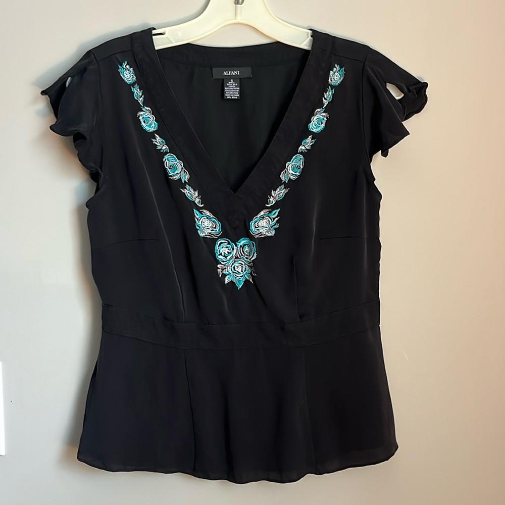 Short sleeve ruffle satin black top